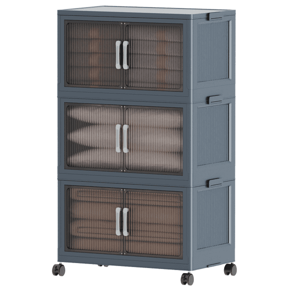 Modular Stackable Storage Cabinet on Casters, Folding Plastic Organizer with Double Doors for Home Multi-room Storage