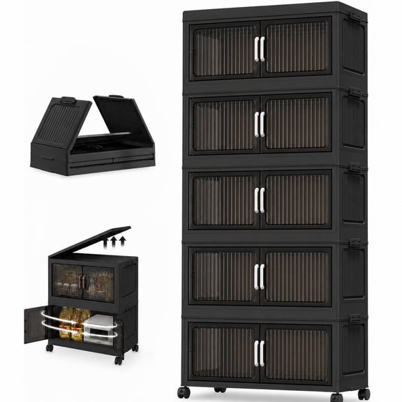 Modular Stackable Storage Cabinet on Lockable Casters, Folding Plastic Organizer with Flip Top Lid for Multi-room Household Storage