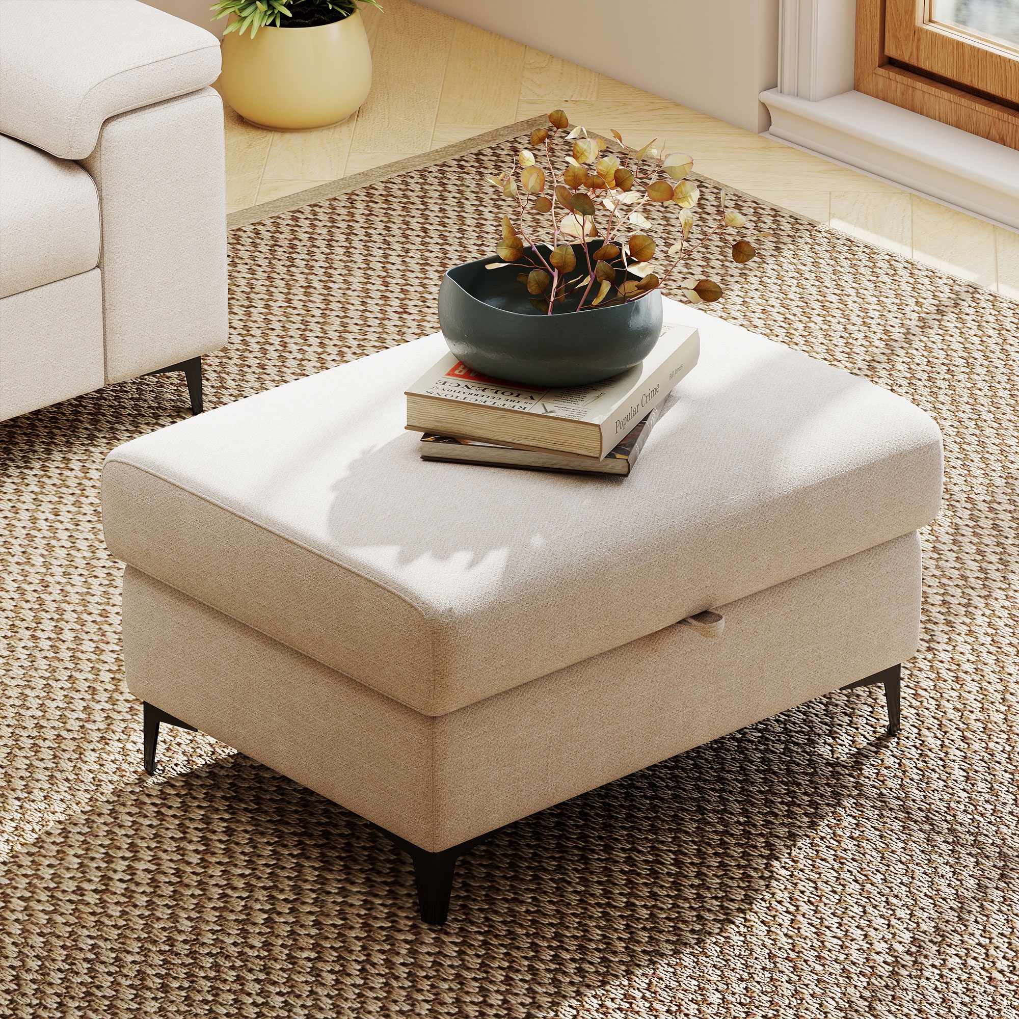 Modular Storage Ottoman for Sectional Sofa Chenille Upholstered Footrest Stool for Living Room Beige