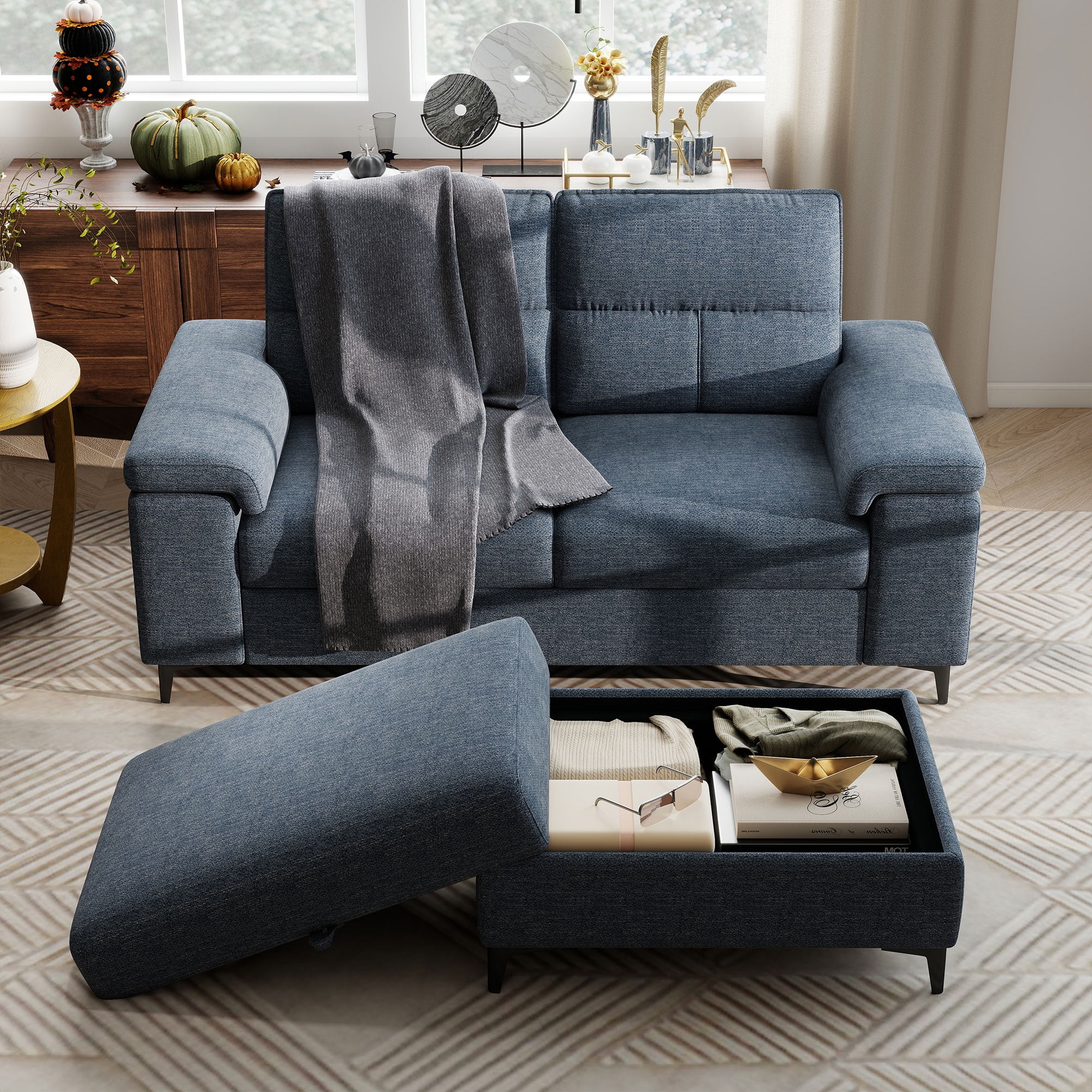 Modular Storage Ottoman for Sectional Sofa Chenille Upholstered Footrest Stool for Living Room Blue