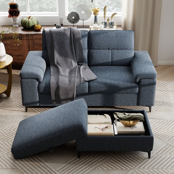 Modular Storage Ottoman for Sectional Sofa Chenille Upholstered Footrest Stool for Living Room Blue