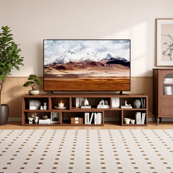 Modular TV Stand, Light Wood Open Storage Media Console, Freestyle Entertainment Center, brown