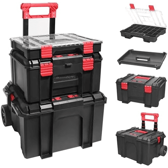 Modular Tool Box Storage System, Rolling Stackable Toolbox with Wheels, Heavy-Duty Plastic Organizer with Drawers for Garage or Truck, Black$$Tools