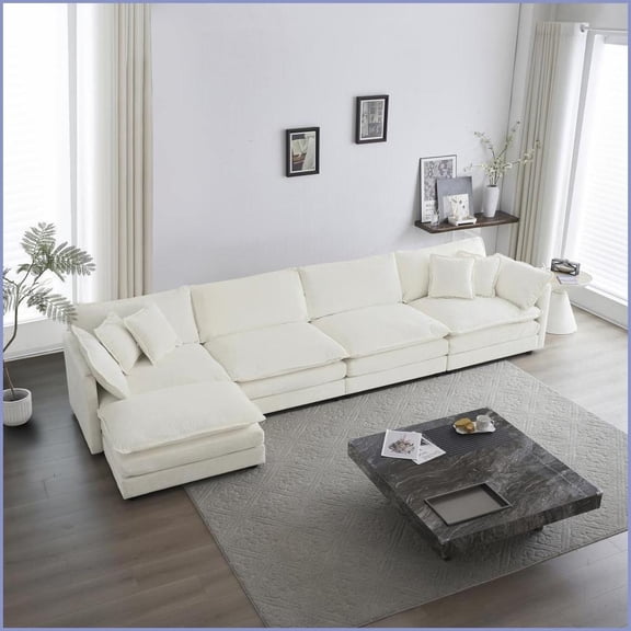 Modular U-Shaped 5-Seater Living Room Sectional Sofa with Ottoman | White Chenille | Solid Wood Frame | Cushion Back