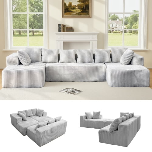 Modular U-Shaped Sectional Sofa,130-inch 4-Seater Chaise Lounge with Reversible Design, Striped Corduroy Fabric in Gray – Flexibly Adaptable Couch for Living Room or Bedroom.