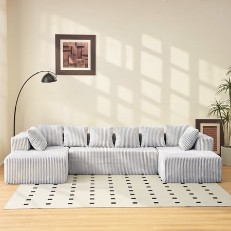 Modular U-Shaped Sectional Sofa, PAPROOS Corduroy Fabric 3-Seater Couch with Reversible Chaise Lounge, Apartments Sofa with Cushions and Pillows for Living Room, Free Combination, Grey
