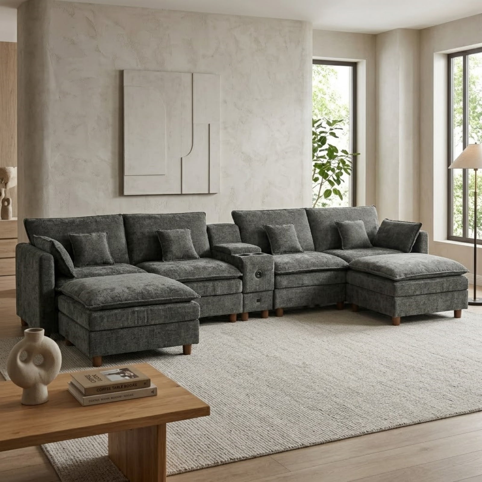 Modular U-Shaped Sectional Sofa with Reversible Chaise, USB Charging Ports & Storage Drawer, 6-Seater Sofa Couch with Flip-Top Cup Holder Console, Arm Pockets & Detachable Cushions