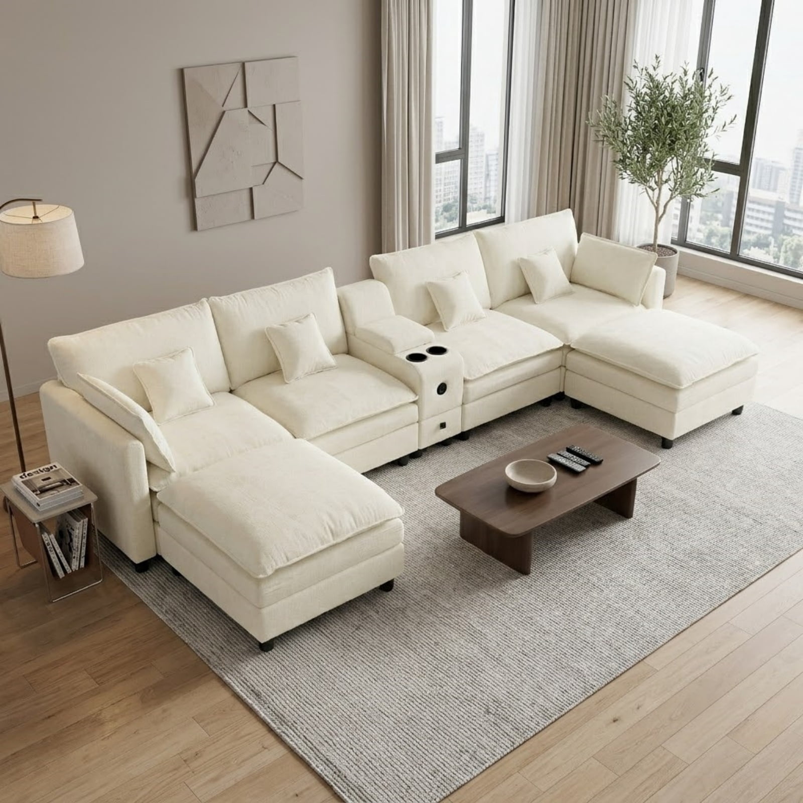 Modular U-Shaped Sectional Sofa with Reversible Chaise, USB Charging Ports & Storage Drawer, 6-Seater Sofa Couch with Flip-Top Cup Holder Console, Arm Pockets & Detachable Cushions