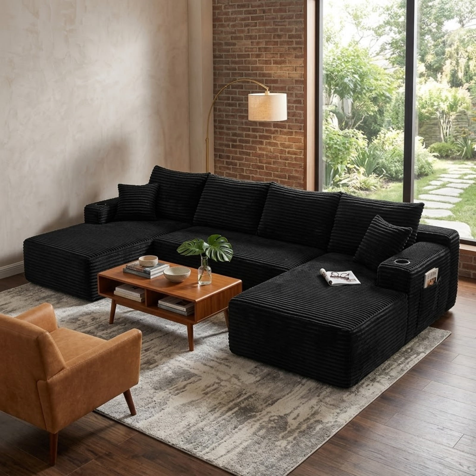 Modular U-Shaped Sectional Sofa with Chaise, 134'' Cloud Sofa with Cup Holders and Side Pockets, Upholstered Couch with Deep Seat for Living Room