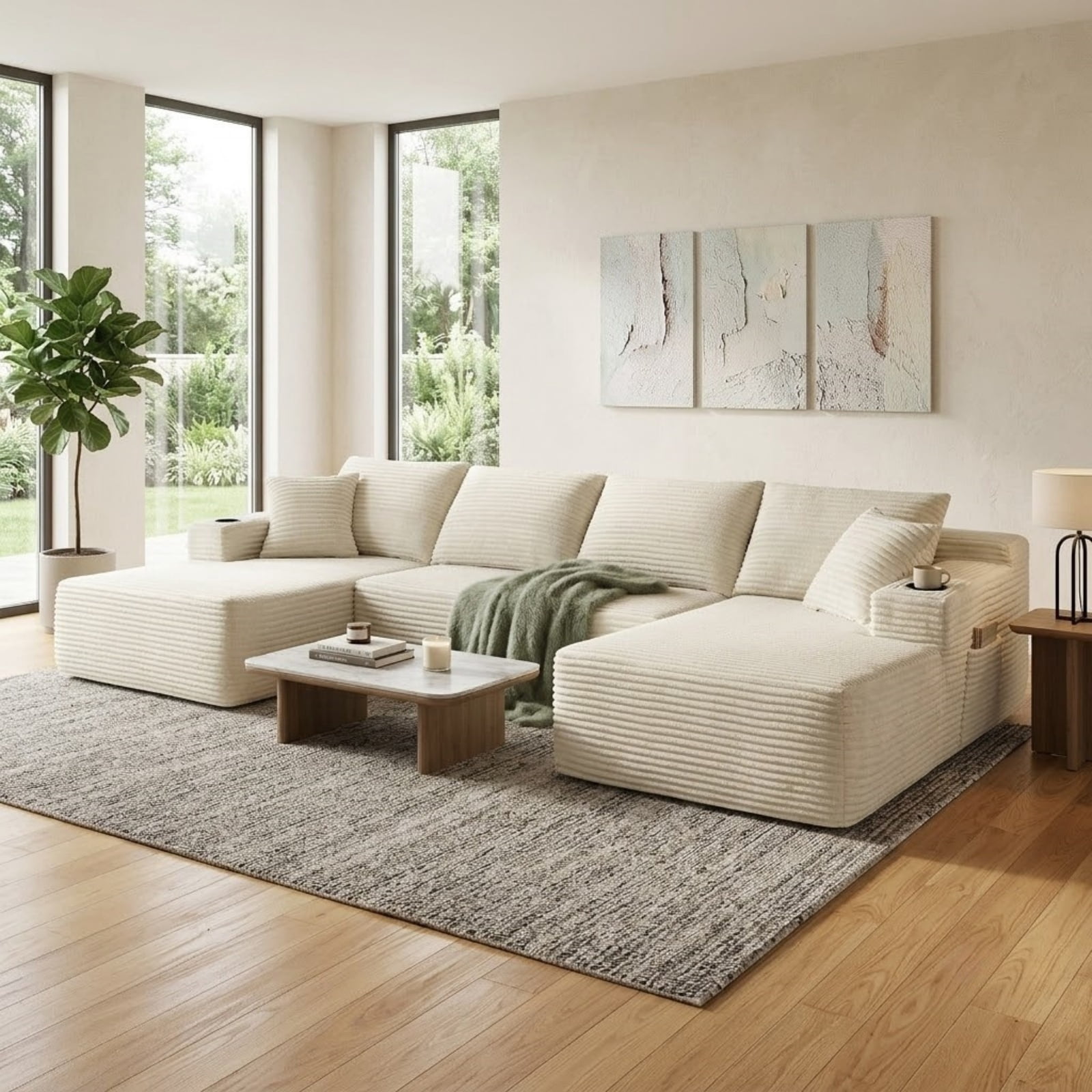 Modular U-Shaped Sectional Sofa with Chaise, 134'' Cloud Sofa with Cup Holders and Side Pockets, Upholstered Couch with Deep Seat for Living Room