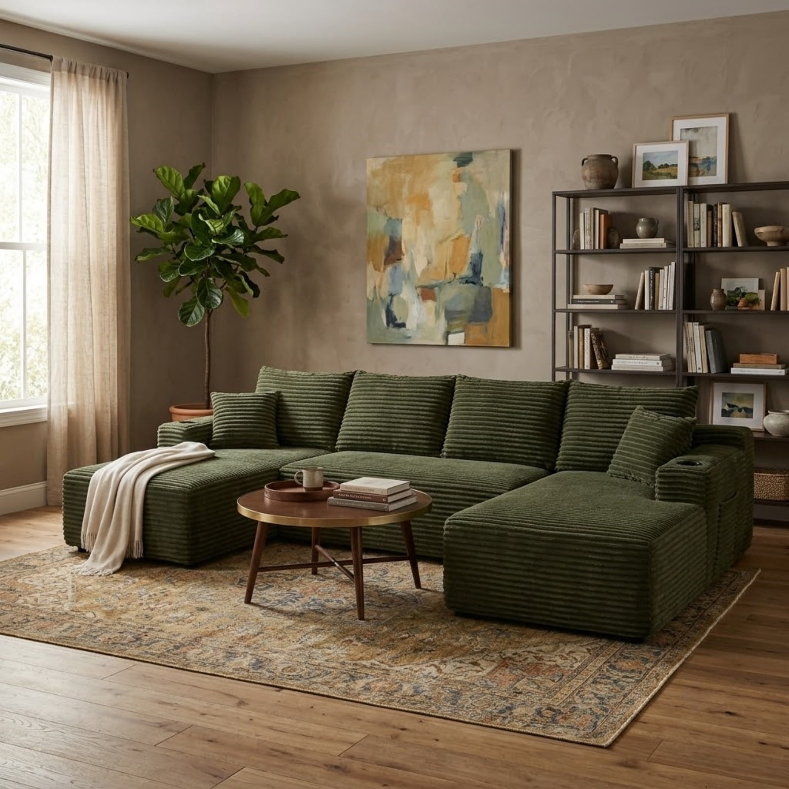 Modular U-Shaped Sectional Sofa with Chaise, 134'' Cloud Sofa with Cup Holders and Side Pockets, Upholstered Couch with Deep Seat for Living Room