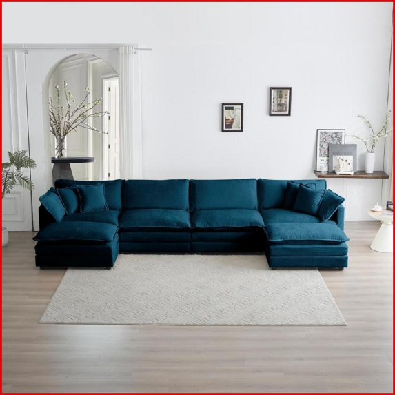 Modular U-Shaped Sectional Sofa with Reversible Chaise & Double Ottomans – Blue Chenille | Solid Wood Frame | Cushion Back