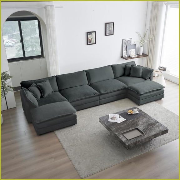 Modular U-Shaped Sectional Sofa with Reversible Chaise & Double Ottomans, Gray Chenille | Gray | Chenille | Cushion Back