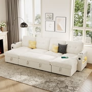 Modular U-Shaped Sleeper Sofa 107", Velvet Sectional Couch with Storage, USB & Cup Holder, Convertible Cloud Couch for Home, Apartment, Office   Beige