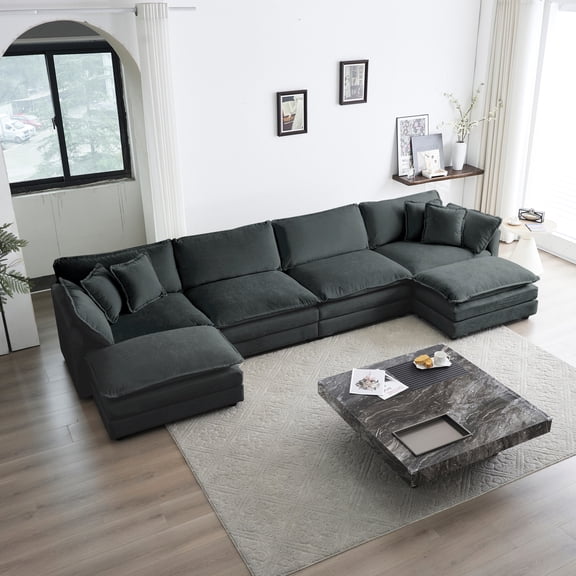 Modular U-shaped With Gray Chenille, Wood Structure, Sponge Seating, Reversible Chaise Functionality U Shaped Couch Chaise, Breathable Chenille Fabric, Solid Frame, Extra Spacious And Comfortable
