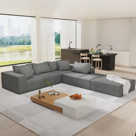 Modular Upholstered Sectional Sofa, 132" L Shaped, 6 Pillows, Allows Free Combination in Living Room