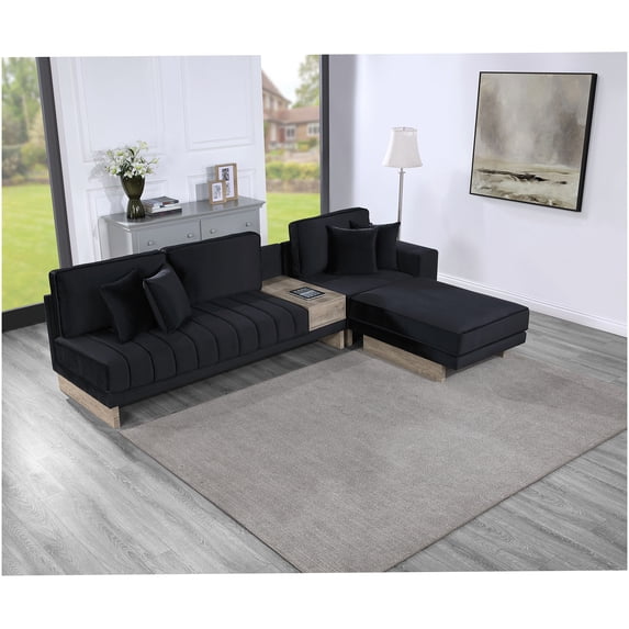 Modular Velvet Sectional Sofa with Storage Ottoman, USB Ports & Charging Outlets in Black