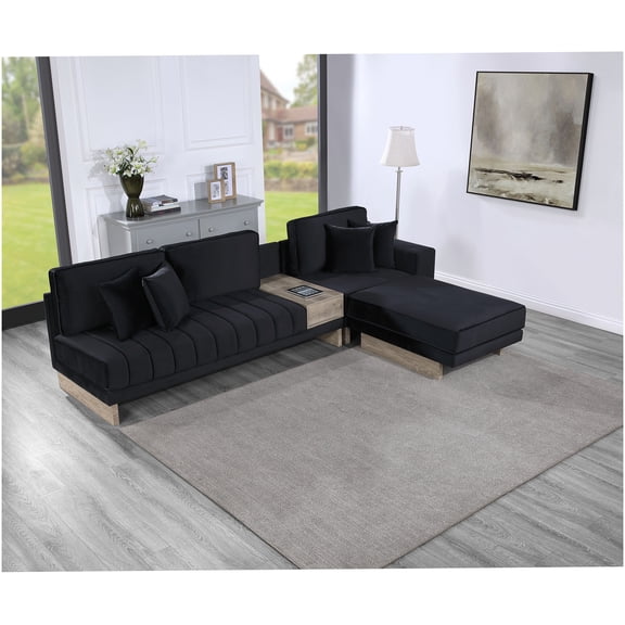 Modular Velvet Sectional Sofa with Storage Ottoman, USB Ports & Charging Outlets in Black