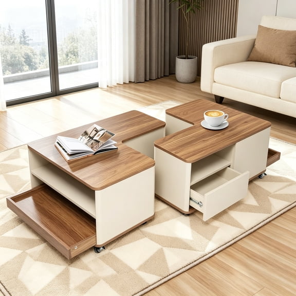 Modular Wood Coffee Table with Wheels and Drawers, Rolling Rectangle Center Table Adjustable for Living Room