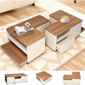 Modular Wood Coffee Tables with Wheels, Drawers, Rolling Rectangle Center Table Adjustable for Living Room