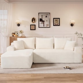 Modular combination sofa, modern oversized L-shaped boneless cloud sofa, living room sofa, no assembly required, white cotton velvet (Left‑Facing Chaise Lounge)