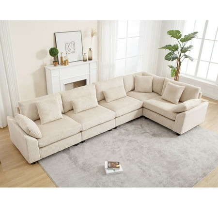 Modular corduroy sofa in beige, offering high flexibility and comfortable seating for 5 people