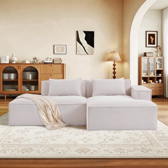 Wansaly 86" Boneless Cloud Sectional Couch, L-Shaped Modular Sofa with Left Armrest, Corduroy Living Room Furniture, Includes 2 Pillows & 1 Blanket, White