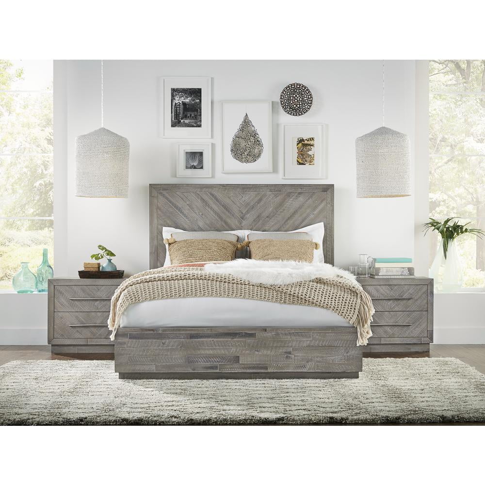 Rustic Latte Queen Acacia Wood Platform Bed with Herringbone Headboard