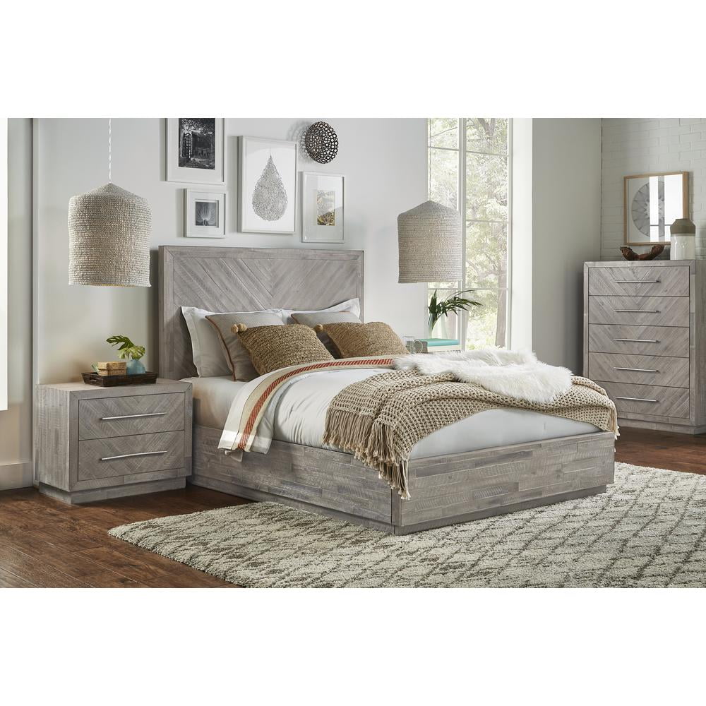 Rustic Latte Queen Acacia Wood Storage Bed with Headboard