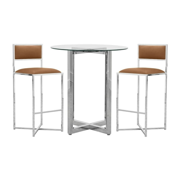 Modus Amalfi 3PC 32" Round Bar Glass Table & 2 X-Base Stool Set- Cognac
