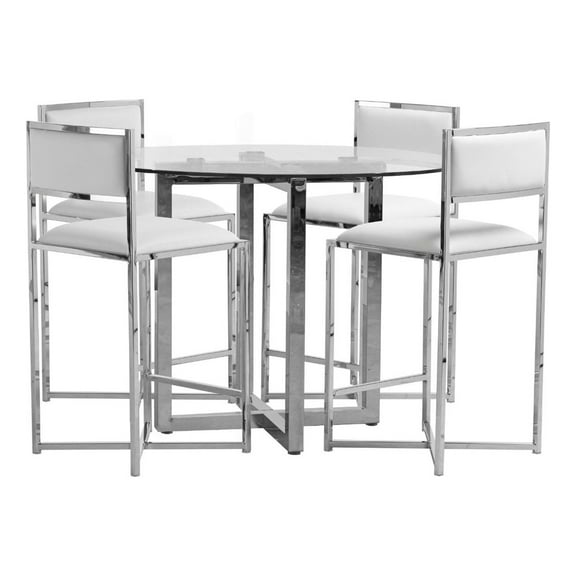 Modus Amalfi 5PC 54" Round Counter Glass Tbl & 4 X-Base Stool Set-White