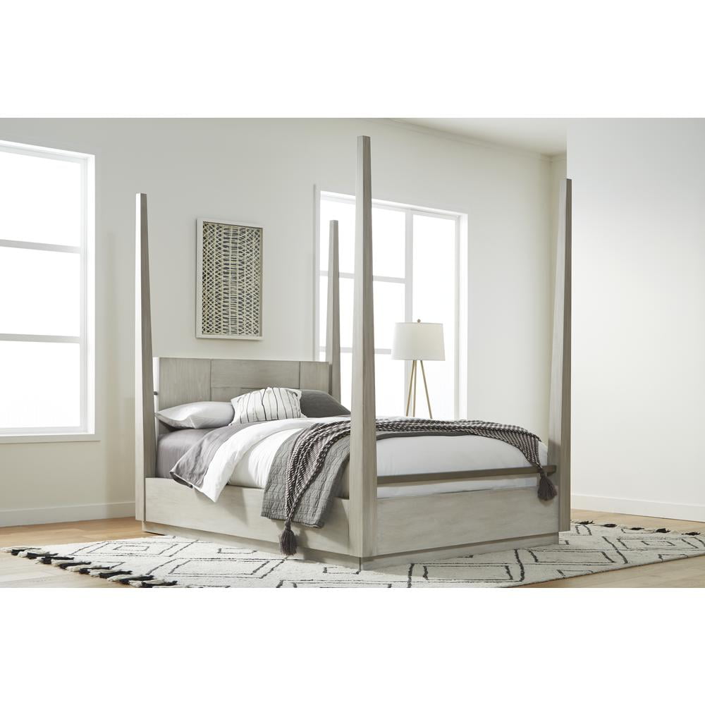 Cotton Grey Queen Poster Bed with Wood Frame and Drawers