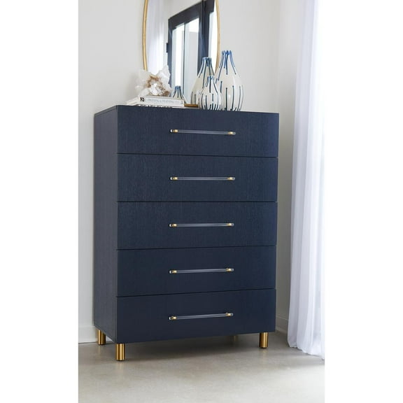 Modus Furniture Argento Five Drawer Chest in Navy Blue and Burnished Brass (2024)