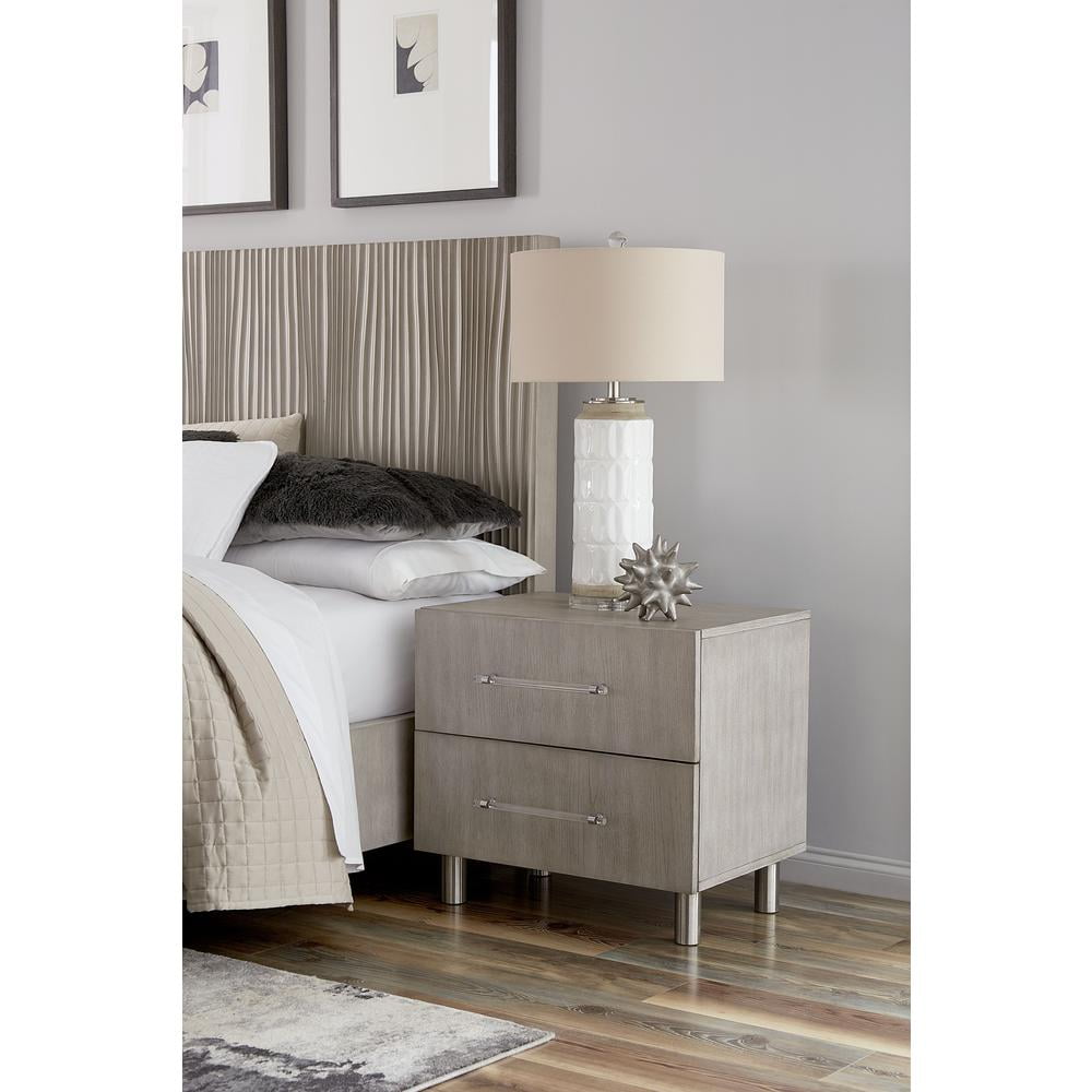 Misty Grey Oak Veneer 2-Drawer Nightstand with Stainless Steel Legs