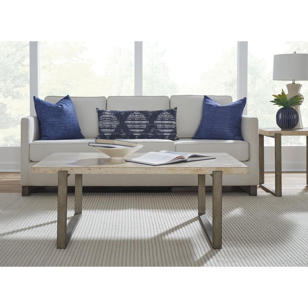 Ariela Natural Travertine and Bronze Metal Rectangular Coffee Table