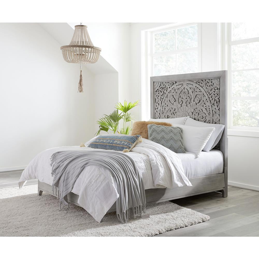 Boho Chic Sandblasted Pine Queen Bed with Carved Mandala Headboard