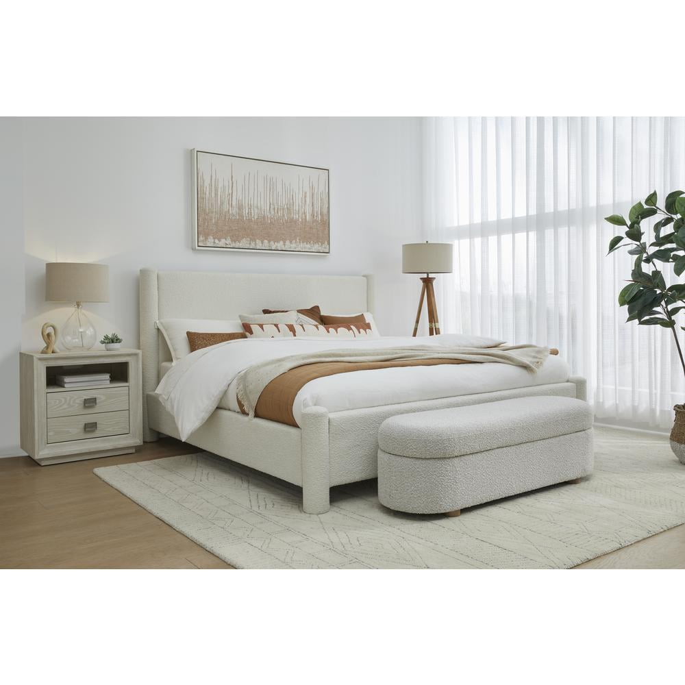 Full Upholstered Boucle Platform Bed with Drawer in Off-White