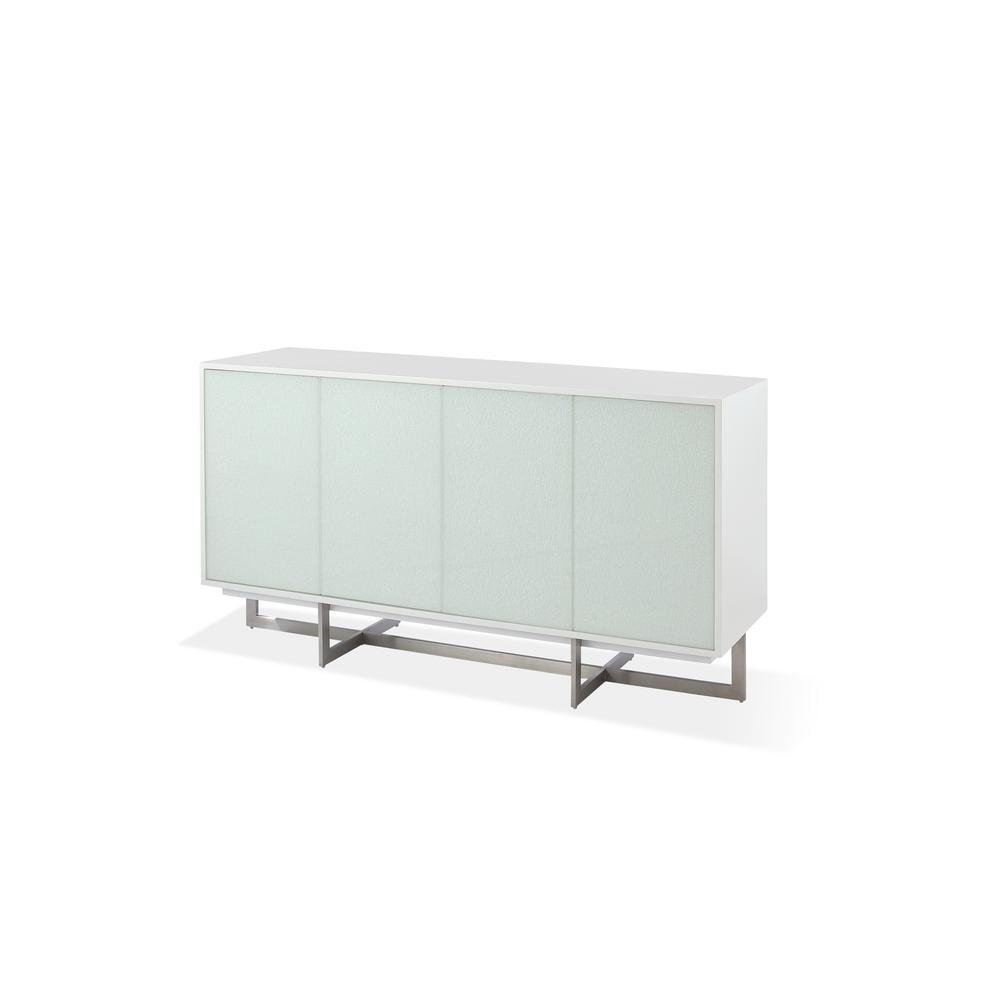 Eliza White and Stainless Steel Sideboard with Cracked Glass Panels