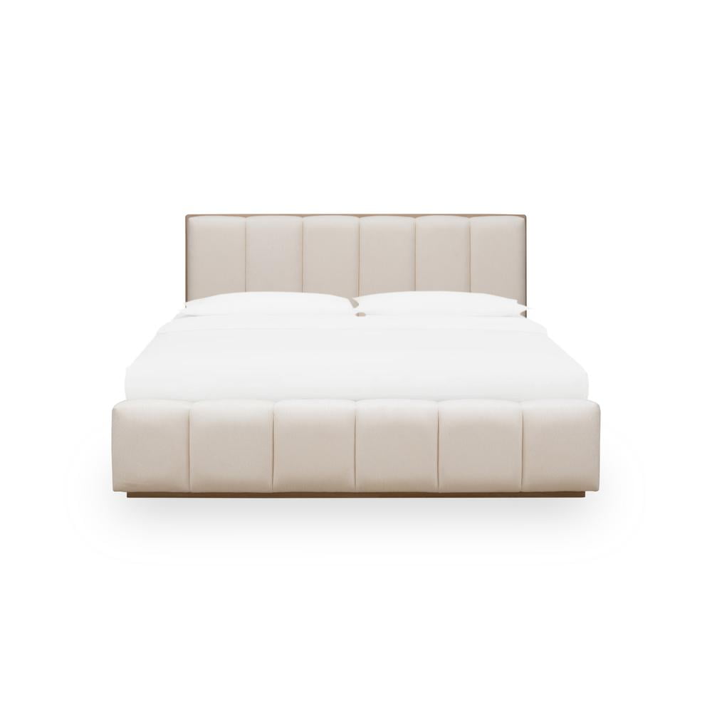 King Beige Chenille Upholstered Platform Bed with Wood Frame