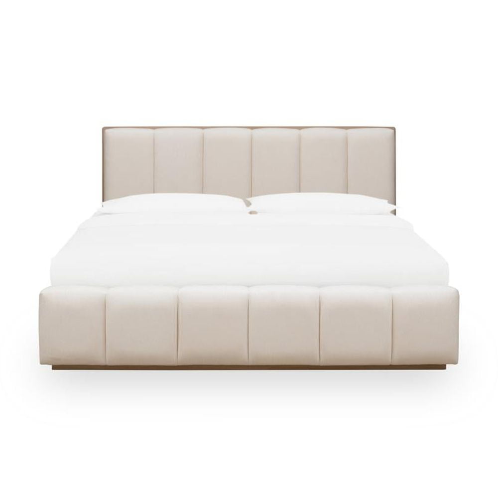 King Beige Chenille Upholstered Platform Bed with Wood Frame