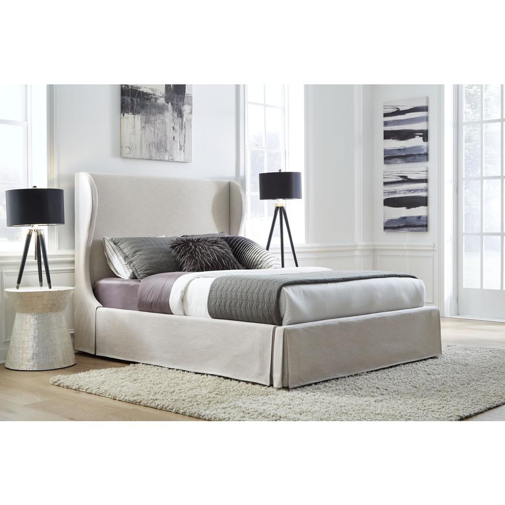 California King Gray Upholstered Wingback Bed with Storage Drawer