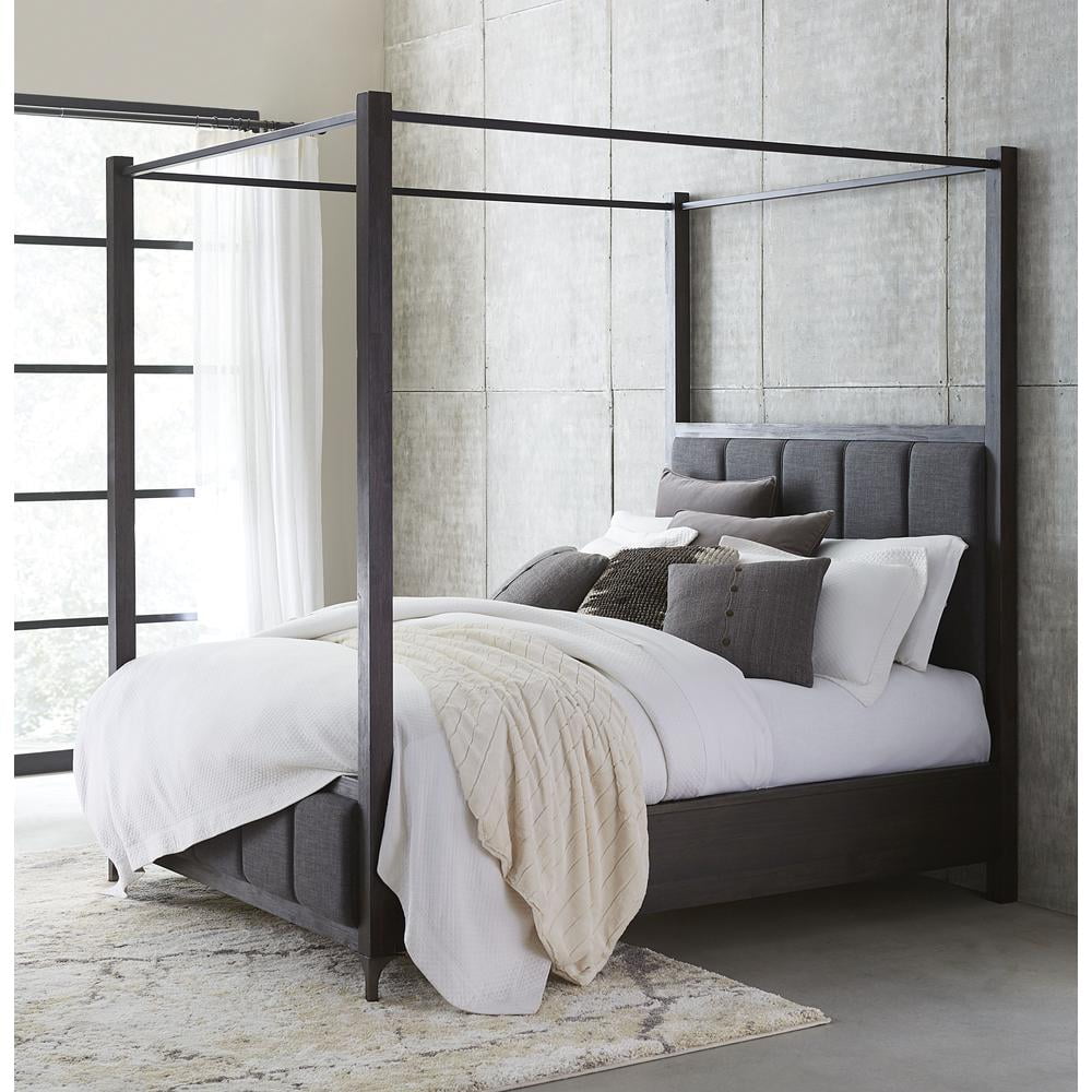 California King Vintage Coffee Upholstered Canopy Bed with Solid Wood Frame