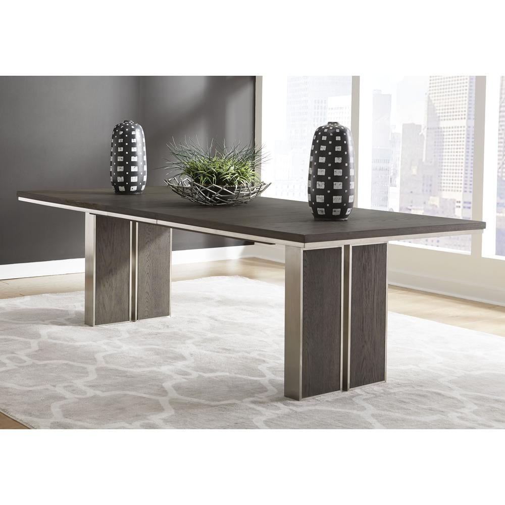 Thunder Grey Oak Veneer Extendable Dining Table with Brushed Stainless Steel