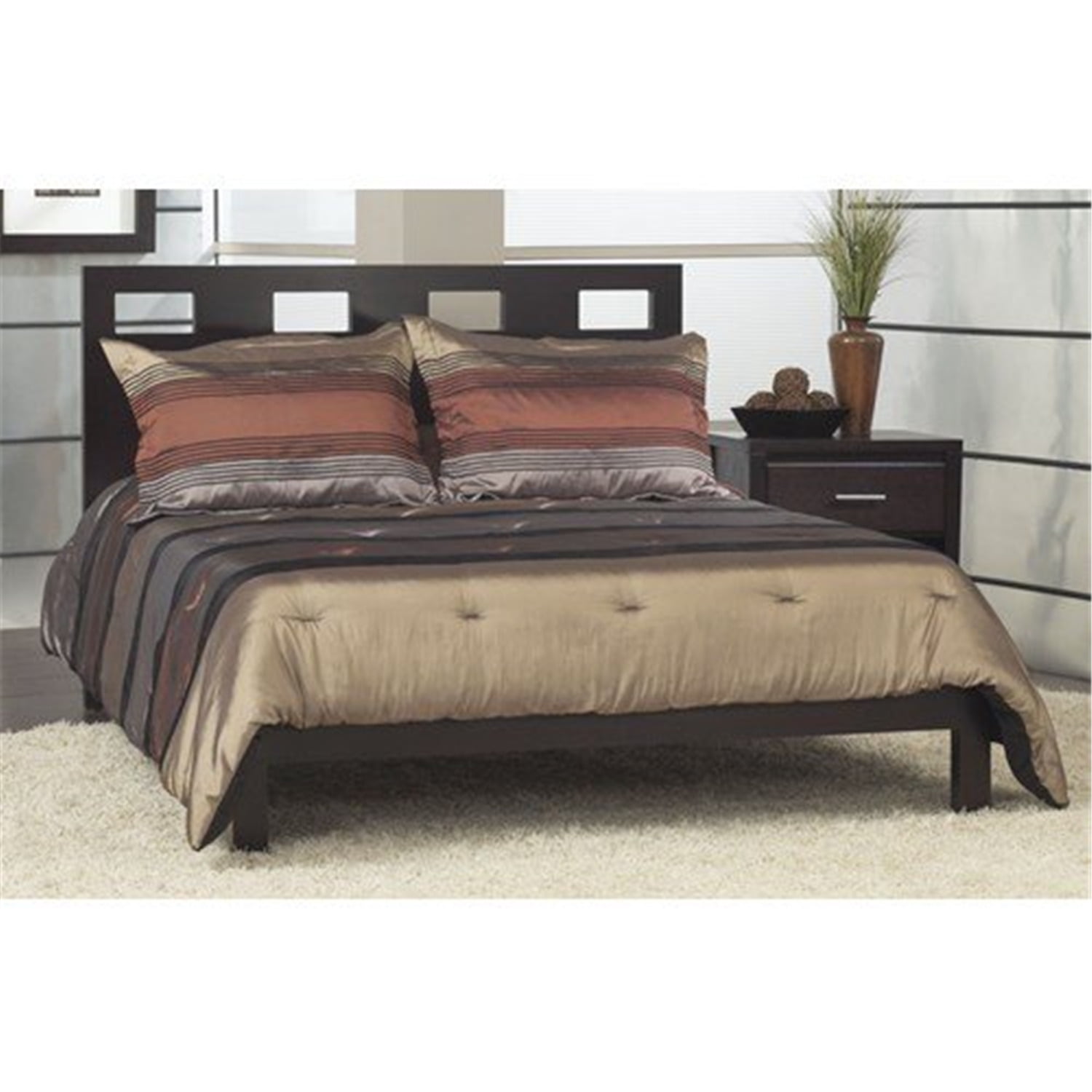 Espresso Full Wood Platform Bed with Headboard and Drawer