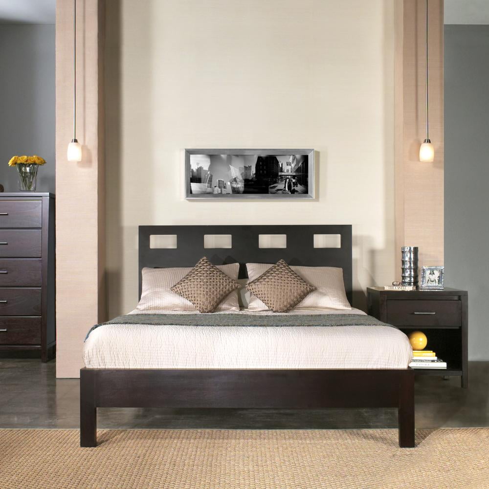 Espresso Full Wood Platform Bed with Headboard and Drawer