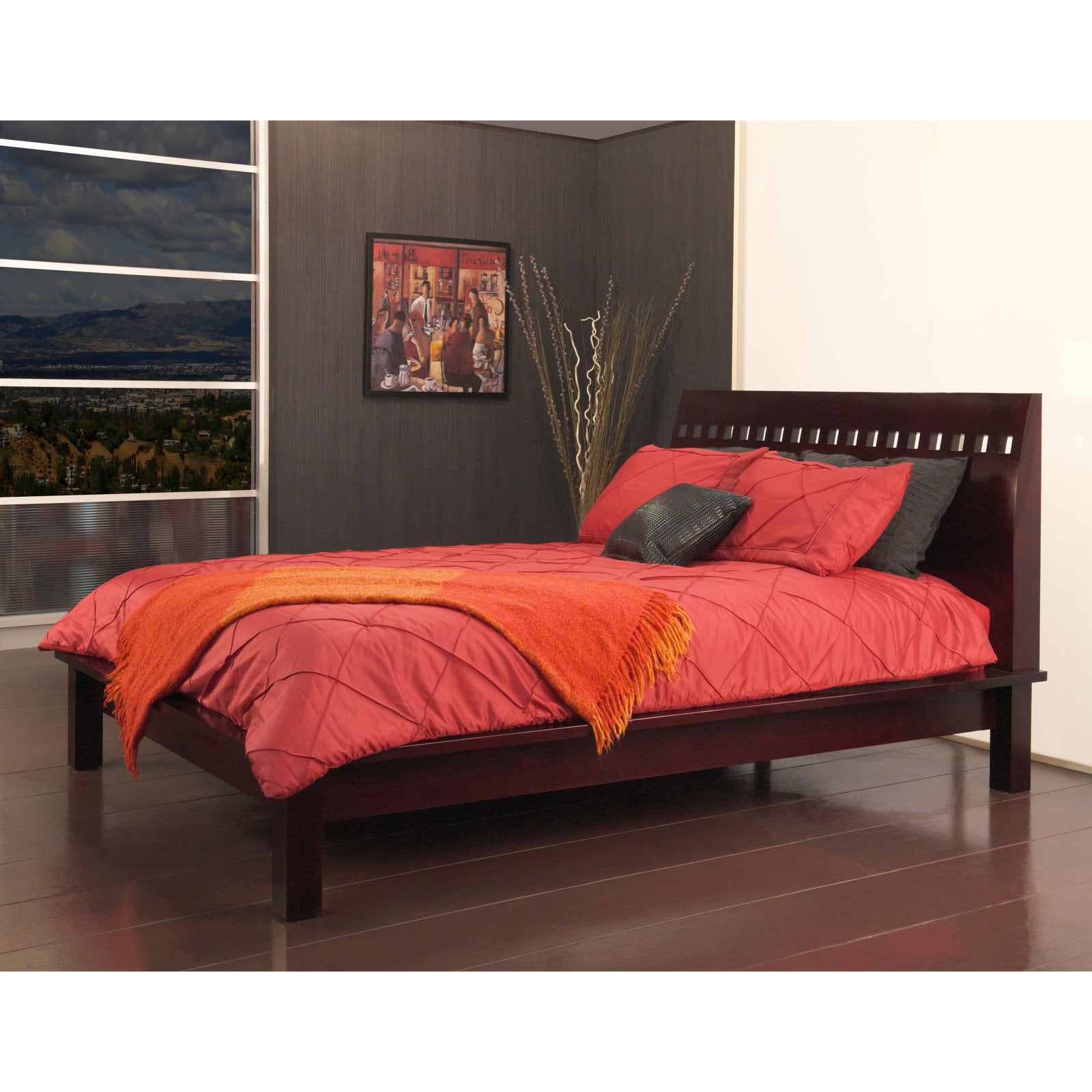 Espresso California King Solid Wood Platform Bed with Headboard and Drawer