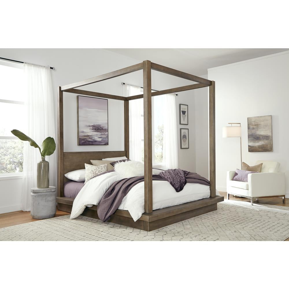 Rustic Dark Pine California King Platform Bed with Headboard Drawer
