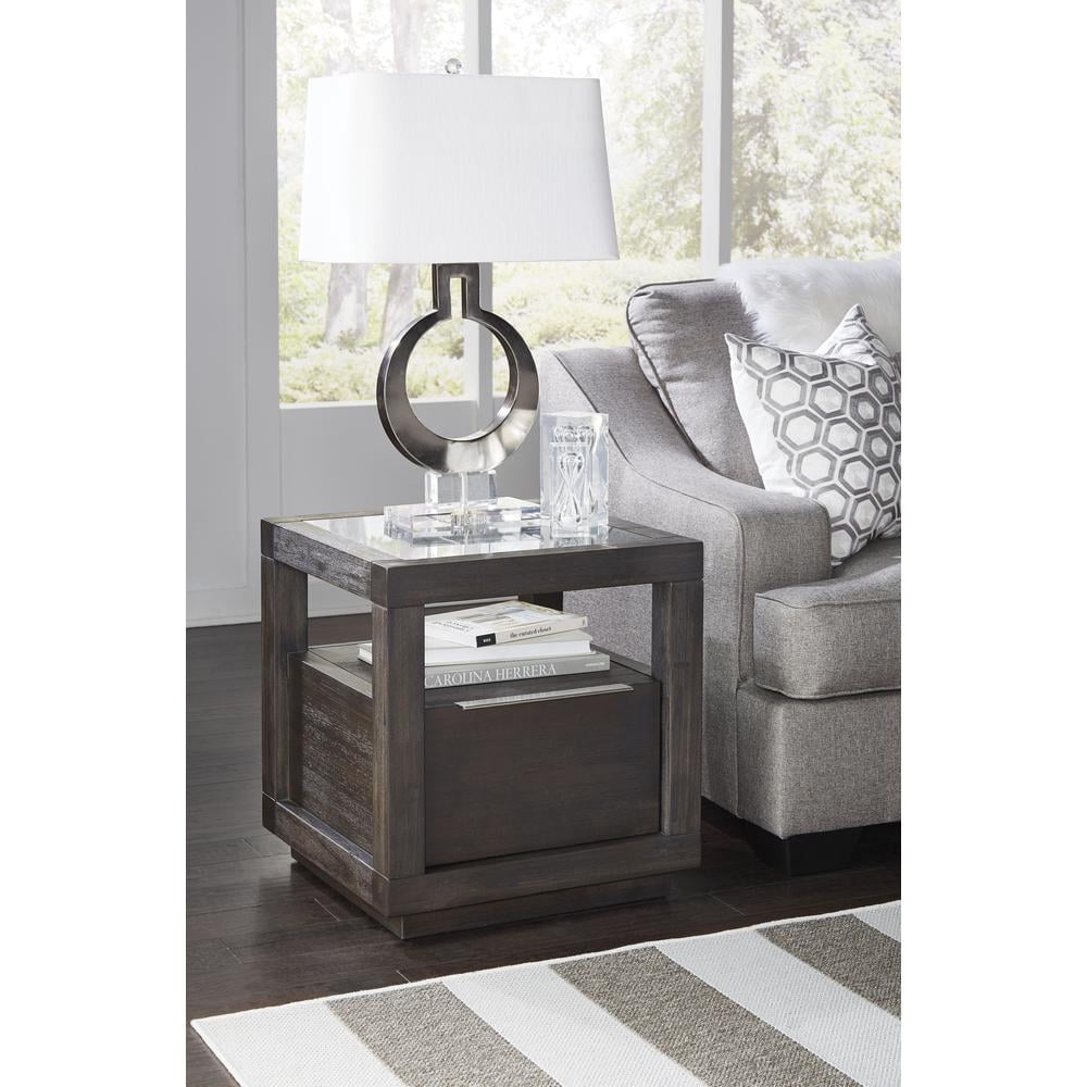 Basalt Gray Solid Wood and Veneer End Table with Storage