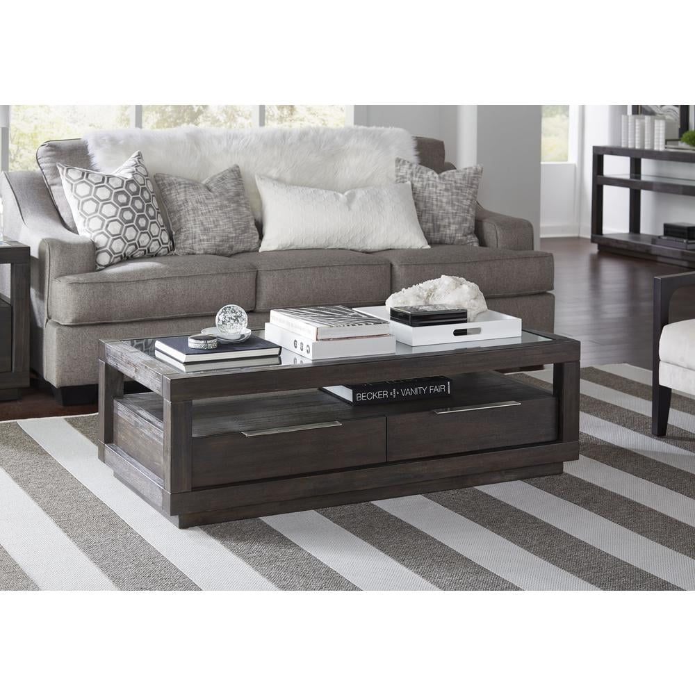 Basalt Gray Rectangular Wood and Glass Coffee Table with Storage