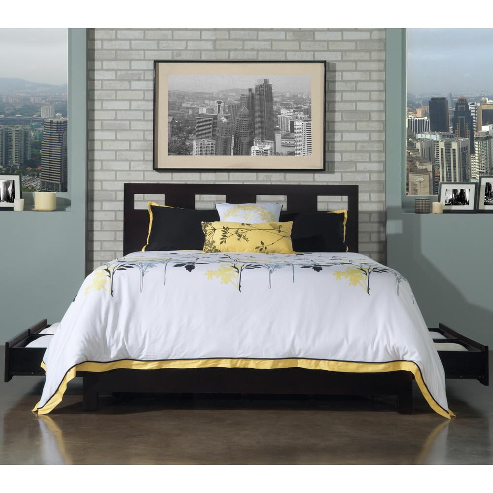 Espresso Full Solid Wood Platform Storage Bed with Headboard